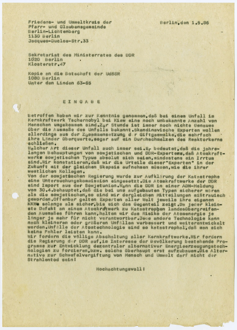 Eingabe des Friedens- und Umweltkreises der Pfarr- und Glaubensgemeinde Berlin-Lichtenberg an den Ministerrat der DDR zum Unfall im Kernkraftwerk Tschernobyl (1. Mai 1986)