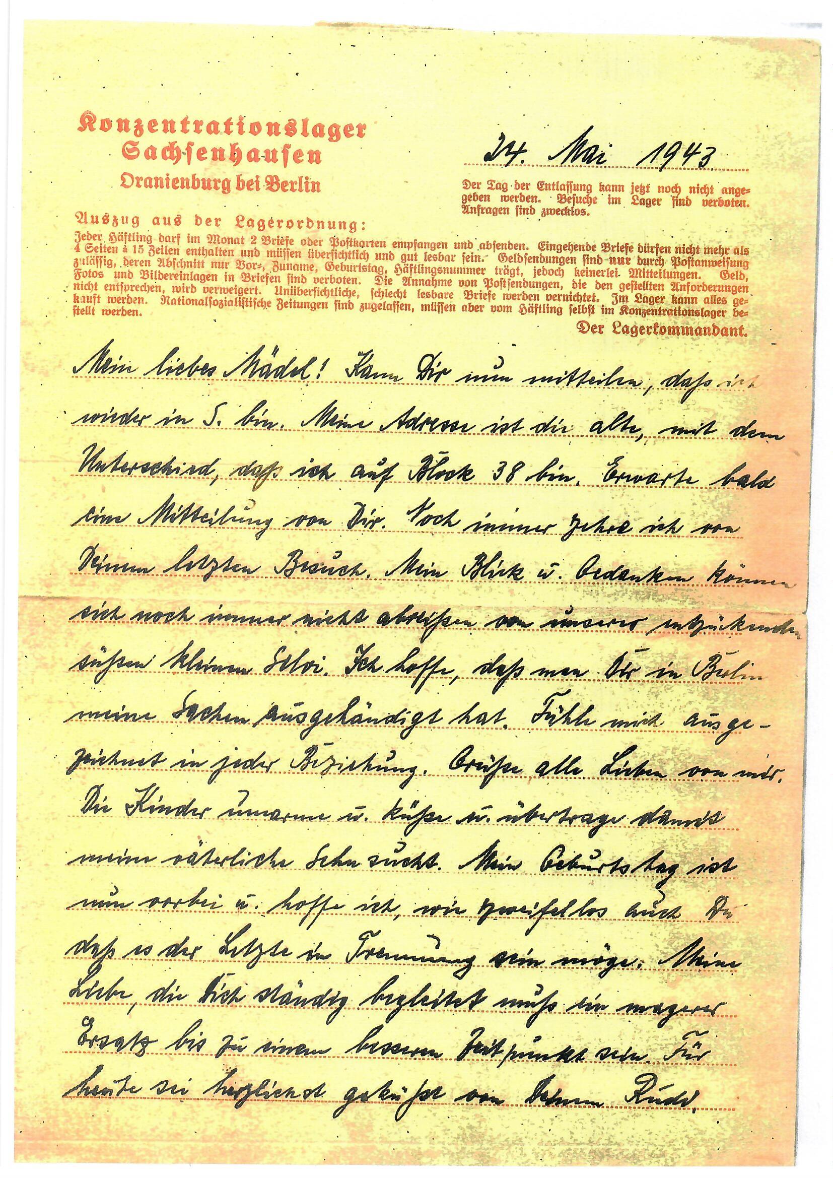 Brief von Rudolf Hebel aus dem KZ-Sachsenhausen, 24.05.1943.