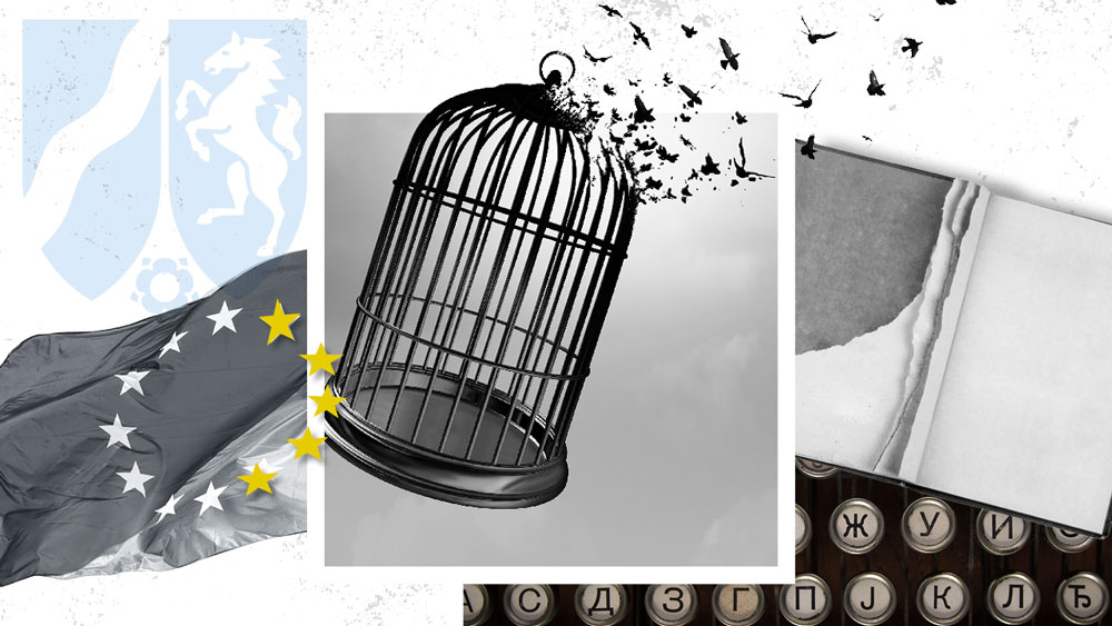 Drei Bilder: Europäische Flagge, ein geöffneter Vogelkäfig, eine Schreibmaschine mit kyrillischen Buchstaben