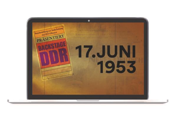 Grafik: Auf einem Laptop ist das Titelbild des Erklärfilms "Der 17. Juni 1953" geöffnet.