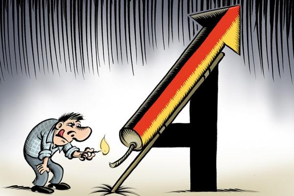 Ilustration "Aufschwung Ost": Abschuss einer deutschlandfarbenen Rakete