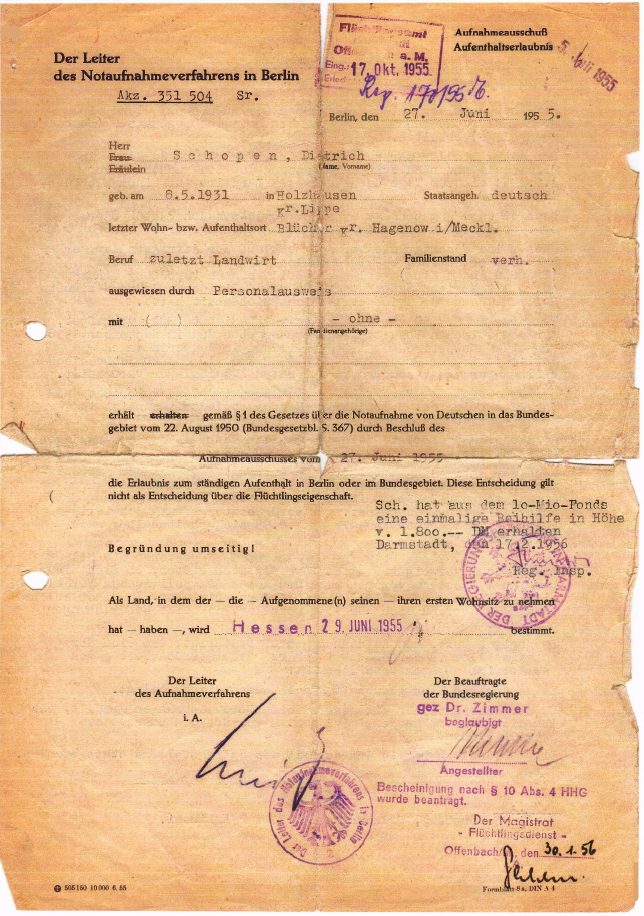Dokument über die Aufnahme von Dietrich Schopen nach seiner Flucht in die Bundesrepublik Deutschland im Juni 1955