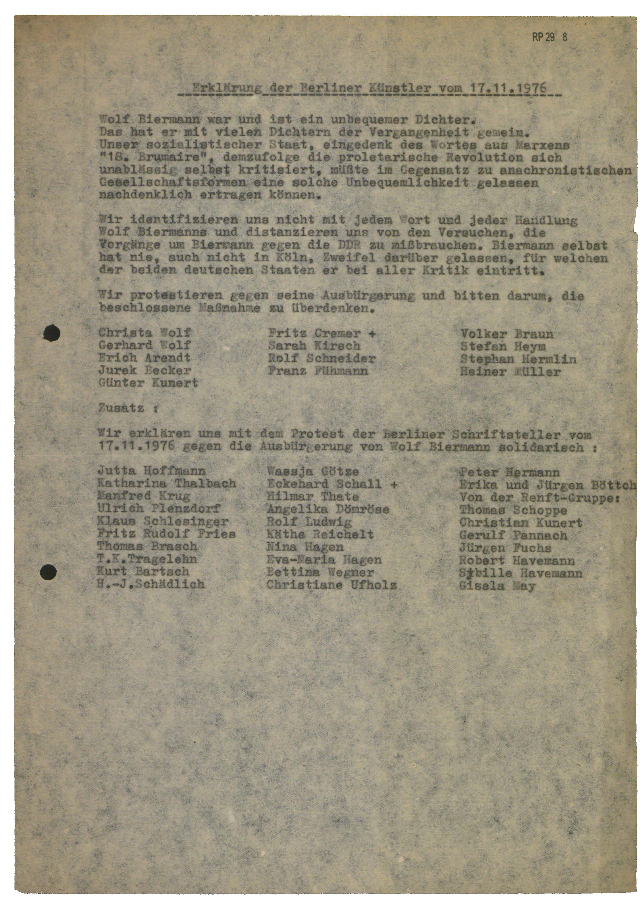 Erklärung der Berliner Künstler vom 17.11.1976